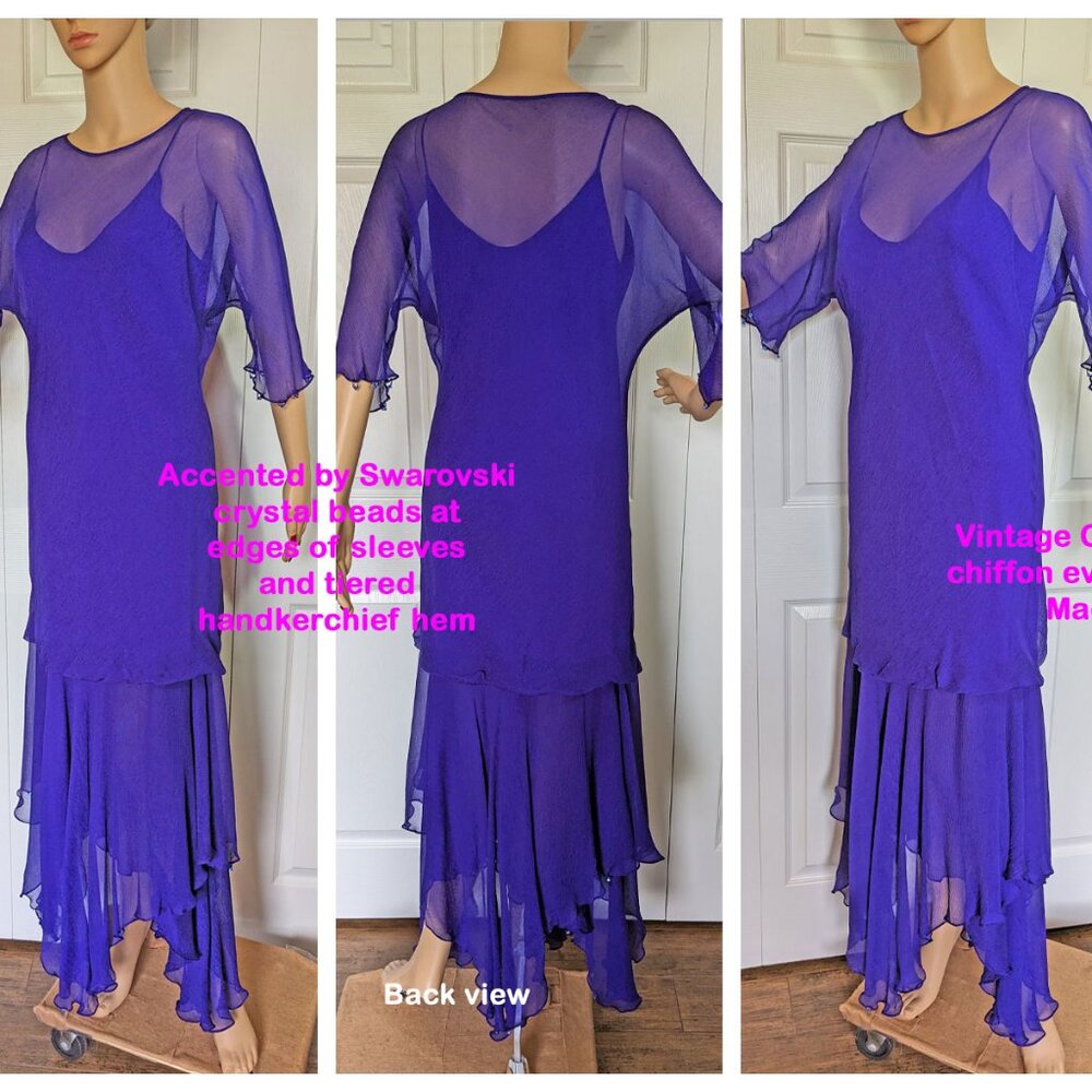 36/38 bust formal dress, Carol Peretz Made USA purple silk chiffon tiered hem